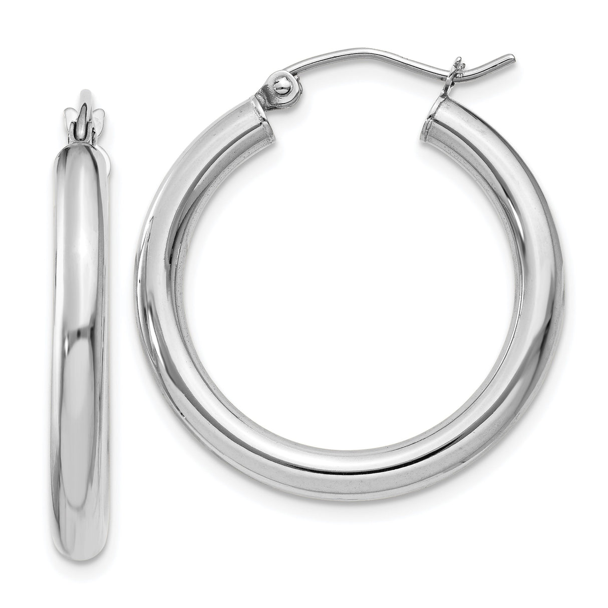 14k White Gold Hoop Earrings, Classic Round Polished Lightweight Design for Women