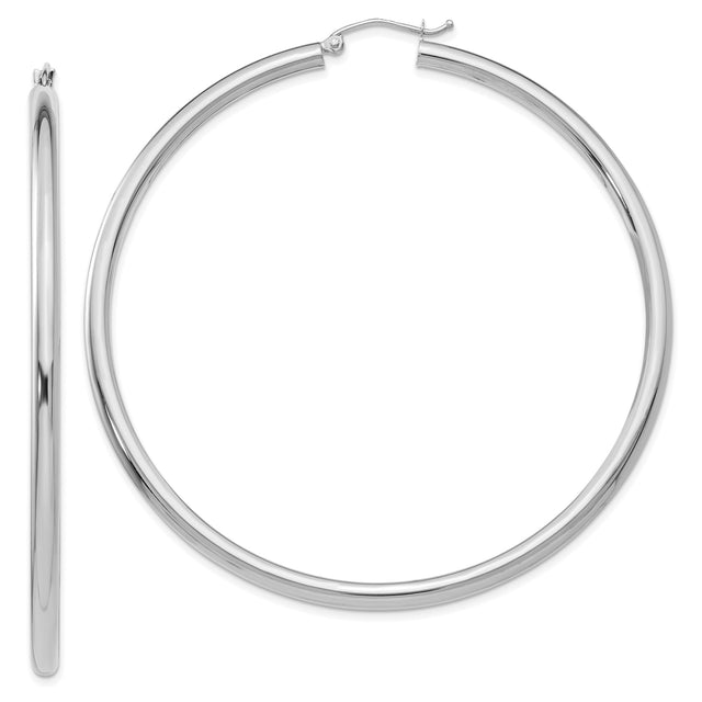 14k White Gold Hoop Earrings, Polished Lightweight Round Design, Secure Latch Back Closure