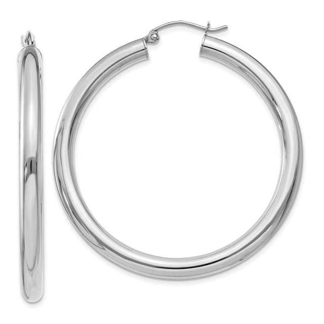 10k White Gold Hoop Earrings, Classic Round Medium Polished Hoops for Women