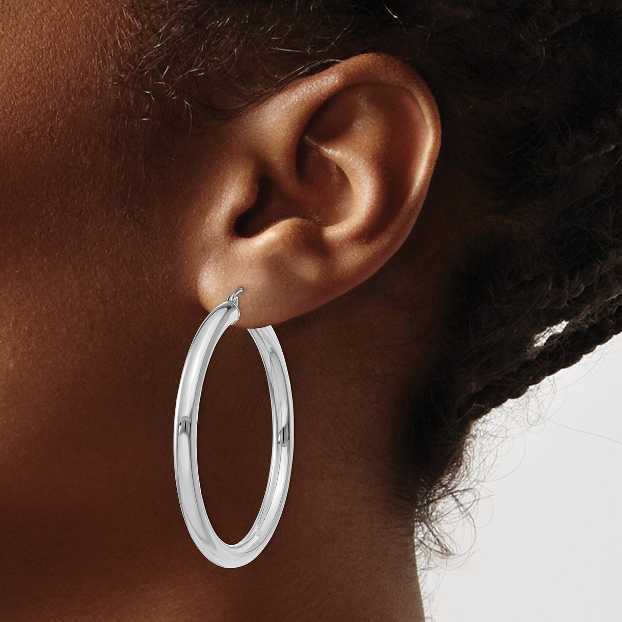14k White Gold Hoop Earrings, Large Polished Round Design with Latch-Back Closure