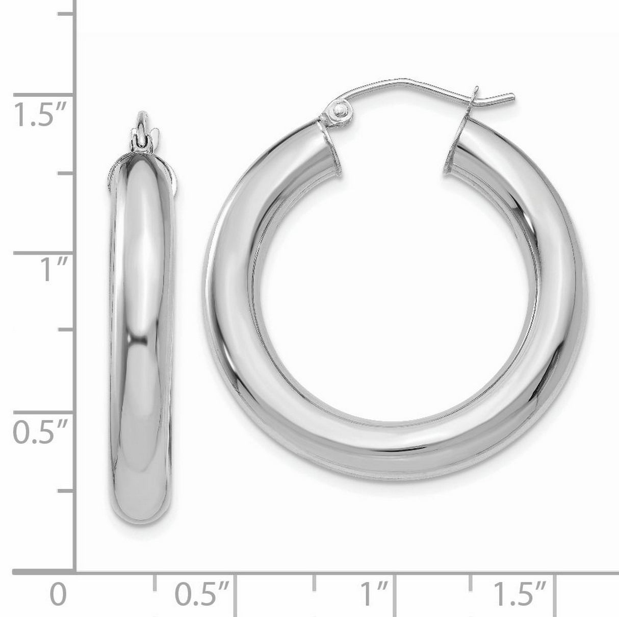 14k White Gold Hoop Earrings, Medium Tubular Polished Design, Lightweight Jewelry for Women