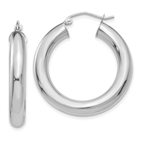 14k White Gold Hoop Earrings, Medium Tubular Polished Design, Lightweight Jewelry for Women