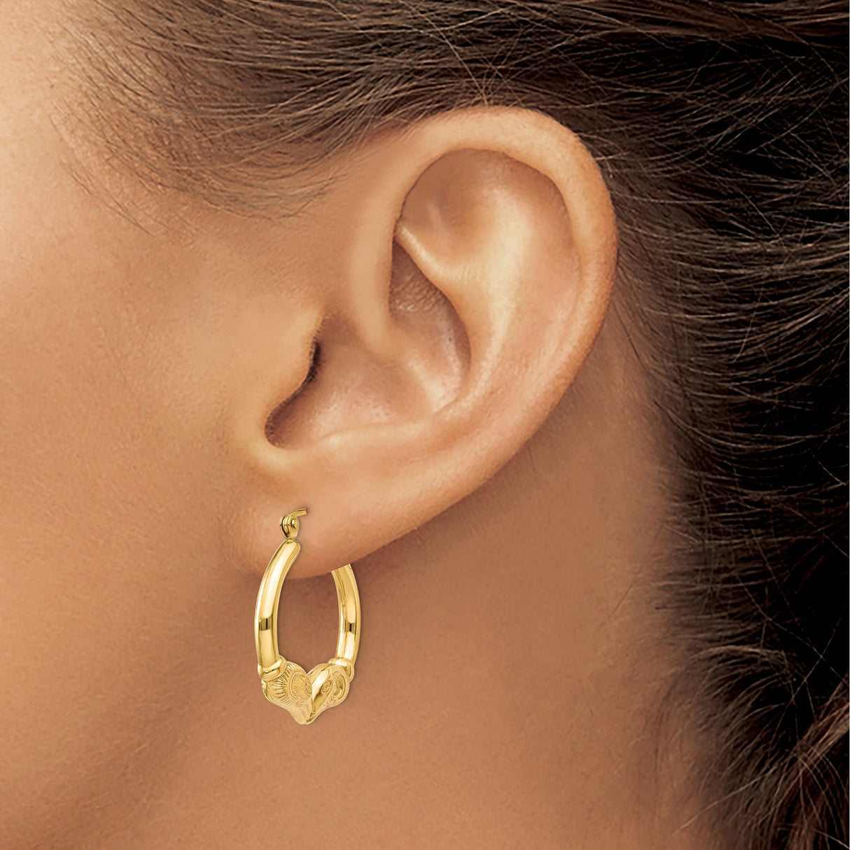 14k Yellow Gold Hoop Earrings with Ram Head Design, Aries Zodiac Animal Theme