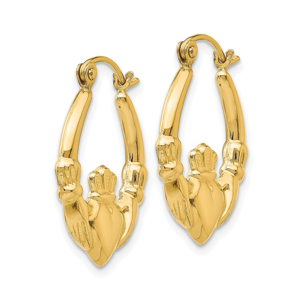 14k Yellow Gold Claddagh Hoop Earrings with Heart, Hands and Crown Celtic Design