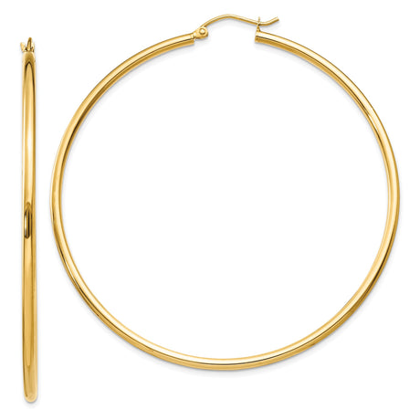 14k Yellow Gold Hoop Earrings, Large Polished Round Lightweight Design for Women