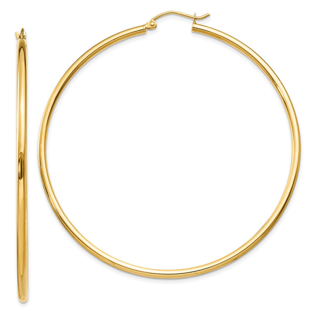 14k Yellow Gold Hoop Earrings, Large Polished Round Lightweight Design for Women