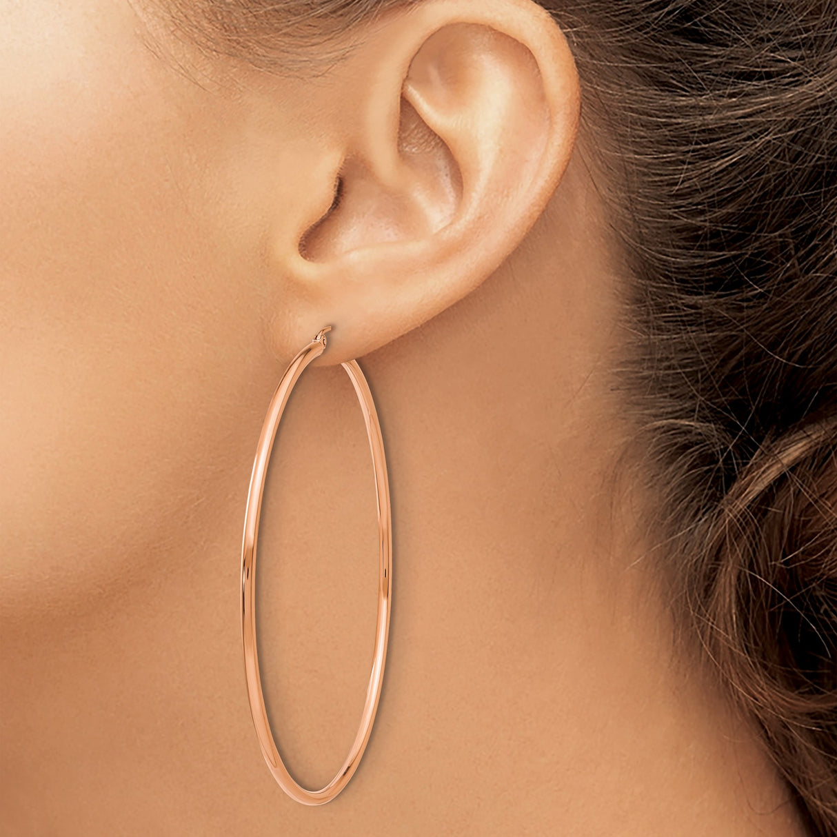 14k Rose Gold Hoop Earrings, Large Round Polished Finish, Lightweight Minimalist Design