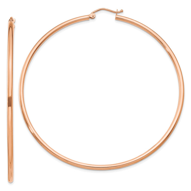14k Rose Gold Hoop Earrings, Large Round Polished Finish, Lightweight Minimalist Design