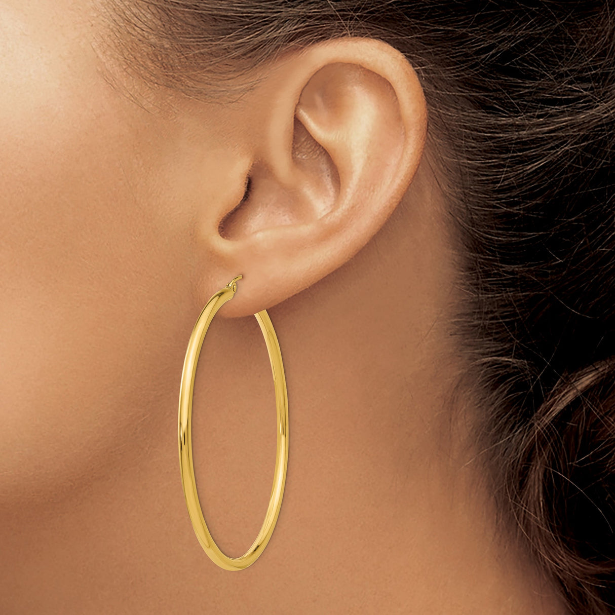 14k Yellow Gold Hoop Earrings, Large Round Polished Design, Lightweight Modern Style for Women