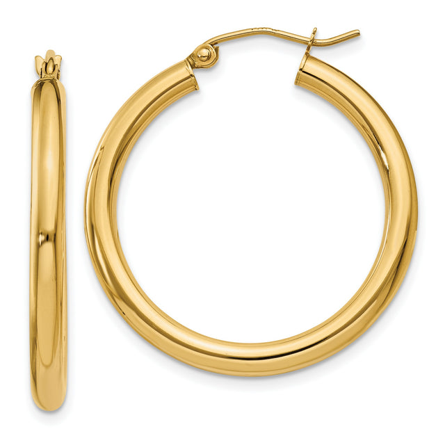 14k Yellow Gold Hoop Earrings, Classic Round Tube Polished Finish, Lightweight Medium Size