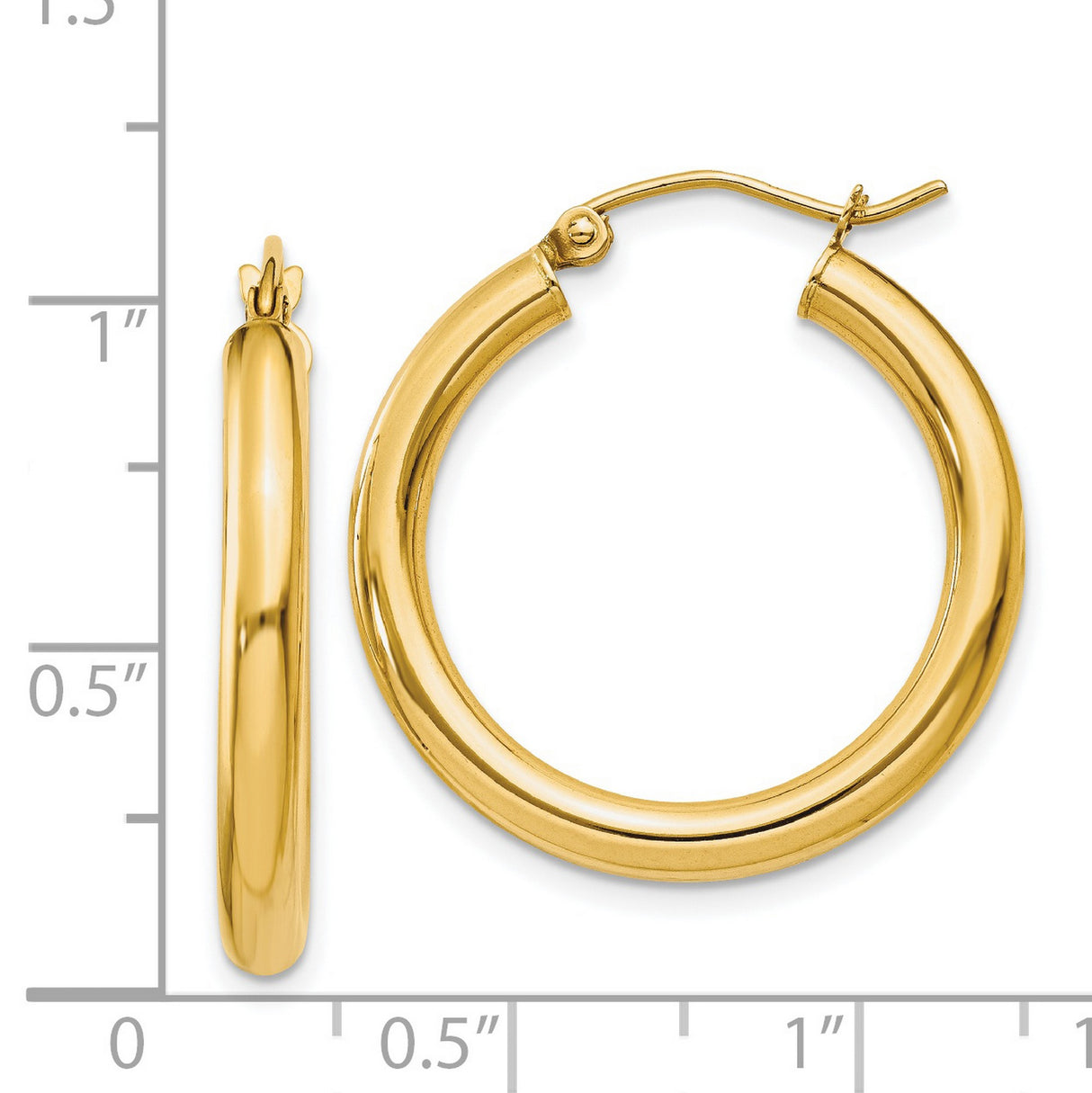 14k Yellow Gold Hoop Earrings, Polished Finish, Classic Round Design, Latch Back Closure