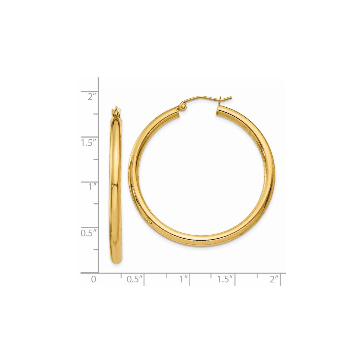 14k Yellow Gold Hoop Earrings, Large Lightweight Polished Round Hoops with Latch Back Closure