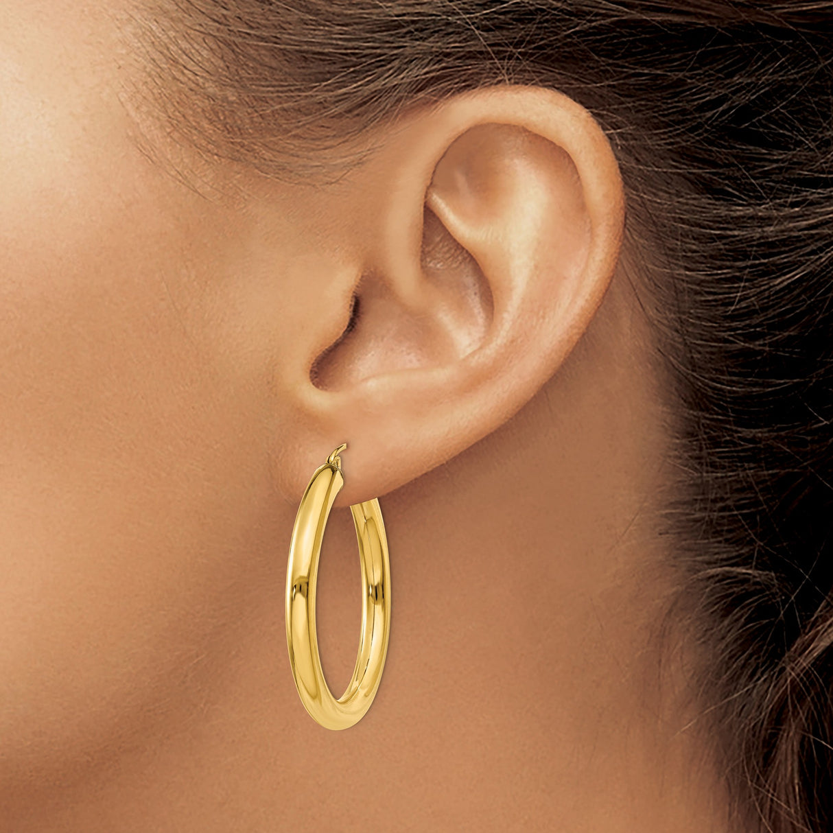 14k Yellow Gold Hoop Earrings, Medium Round Polished Lightweight Design for Women
