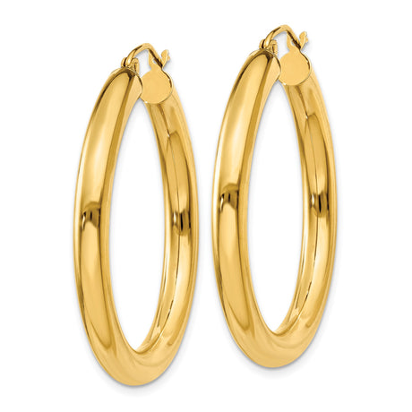 14k Yellow Gold Hoop Earrings, Classic Round Tube Design, Polished Finish, Medium Lightweight