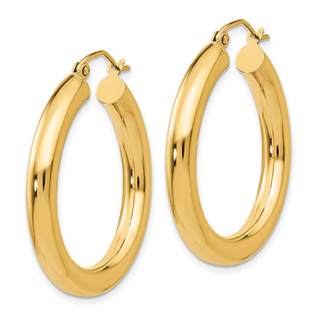 14k Yellow Gold Hoop Earrings, Medium Thick Polished Round Hoops with Hinged Snap Closure