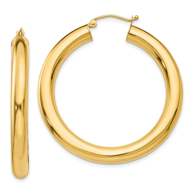 14k Yellow Gold Hoop Earrings, Medium Round Polished Style for Women