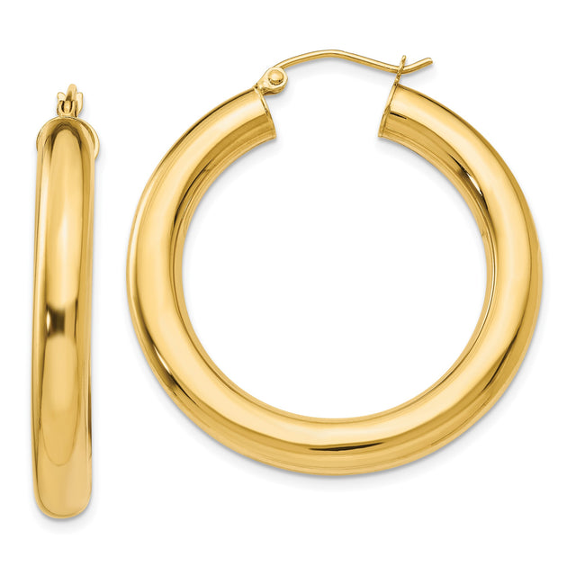 14k Yellow Gold Hoop Earrings, Classic Round Tube Design with Latch Back Closure