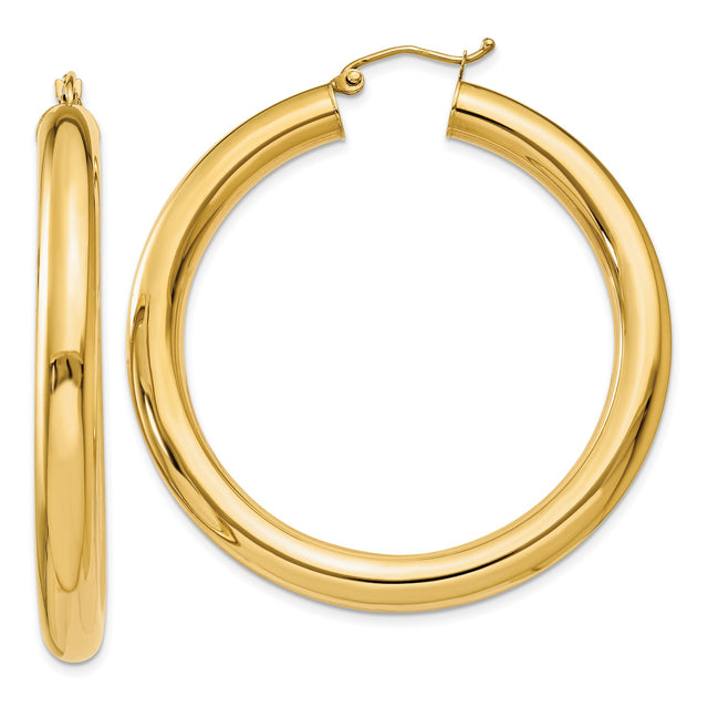 14k Yellow Gold Hoop Earrings, Classic Round Tube Design with Polished Finish, Medium Size