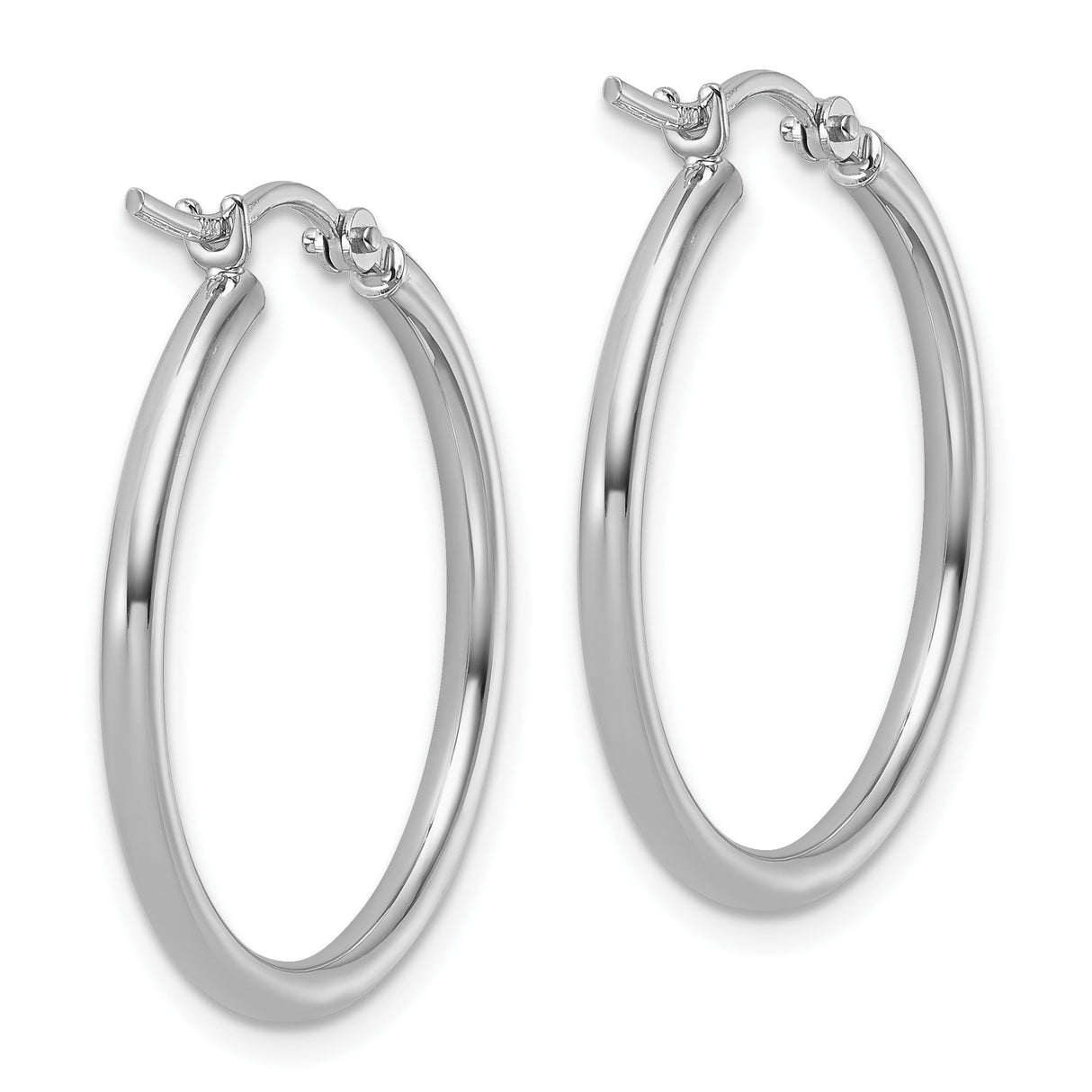 10k White Gold Hoop Earrings, Medium Round Polished Hoops with Hinged Closure for Women