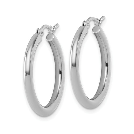 10k White Gold Hoop Earrings, Classic Polished Round Design with Hinged Snap Closure