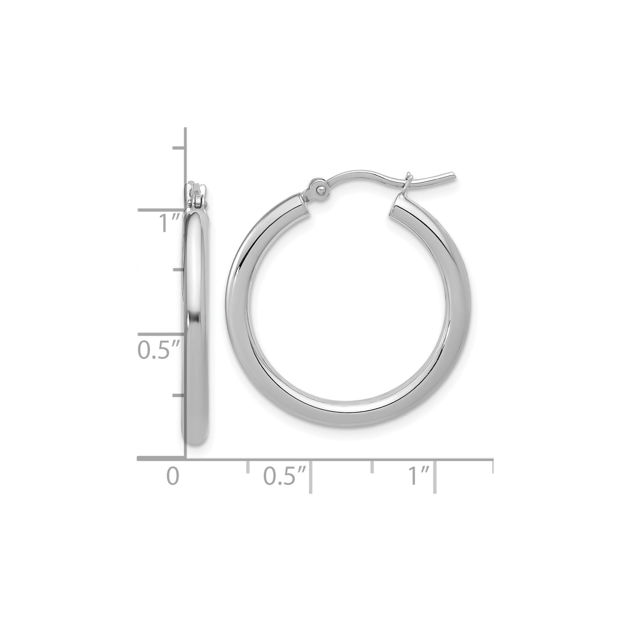 10k White Gold Hoop Earrings, Classic Polished Round Design with Hinged Snap Closure