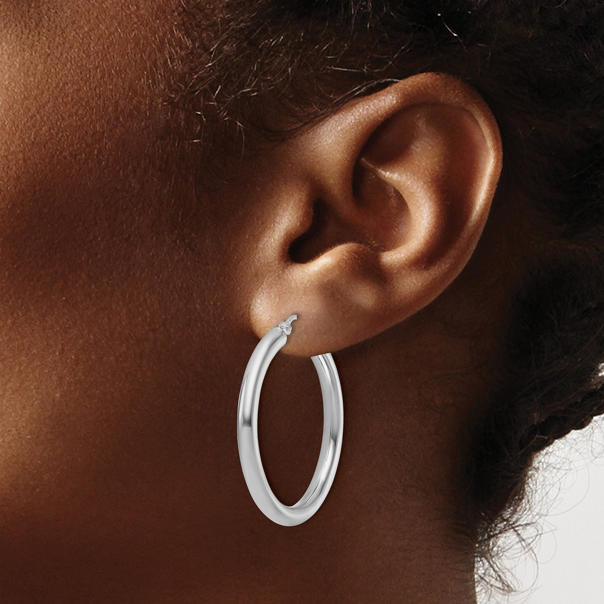 10k White Gold Hoop Earrings, Classic Round Polished Design, Medium to Large Size