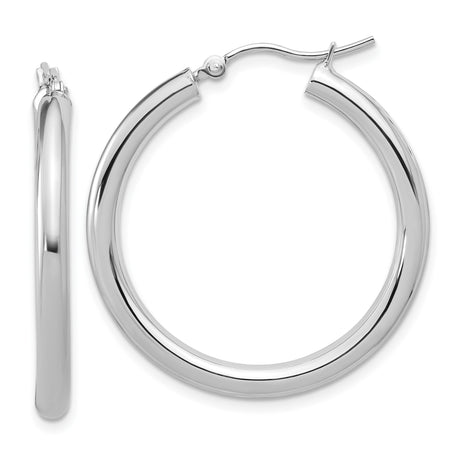 10k White Gold Hoop Earrings, Classic Round Polished Design, Medium to Large Size