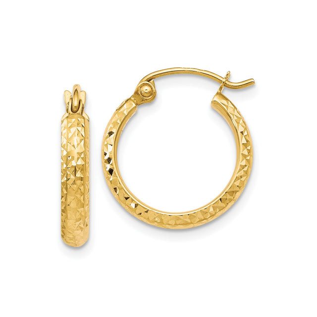 10k Yellow Gold Hoop Earrings, Diamond Cut Textured Faceted Design, Hinged Snap Closure