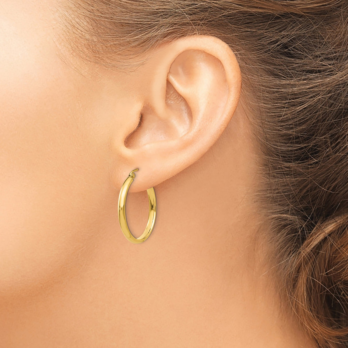 14k Yellow Gold Hoop Earrings, Polished Round Design with Hinged Clasp for Women