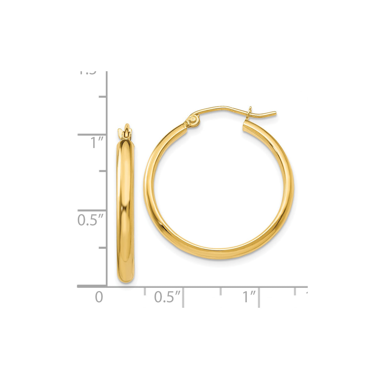 14k Yellow Gold Hoop Earrings, Polished Round Design with Hinged Clasp for Women