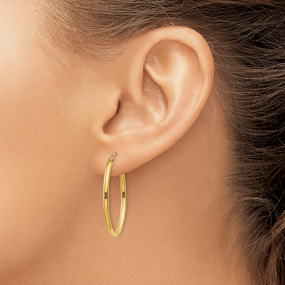 14k Yellow Gold Hoop Earrings, Medium Oval Polished Hoops with Latch Back for Women