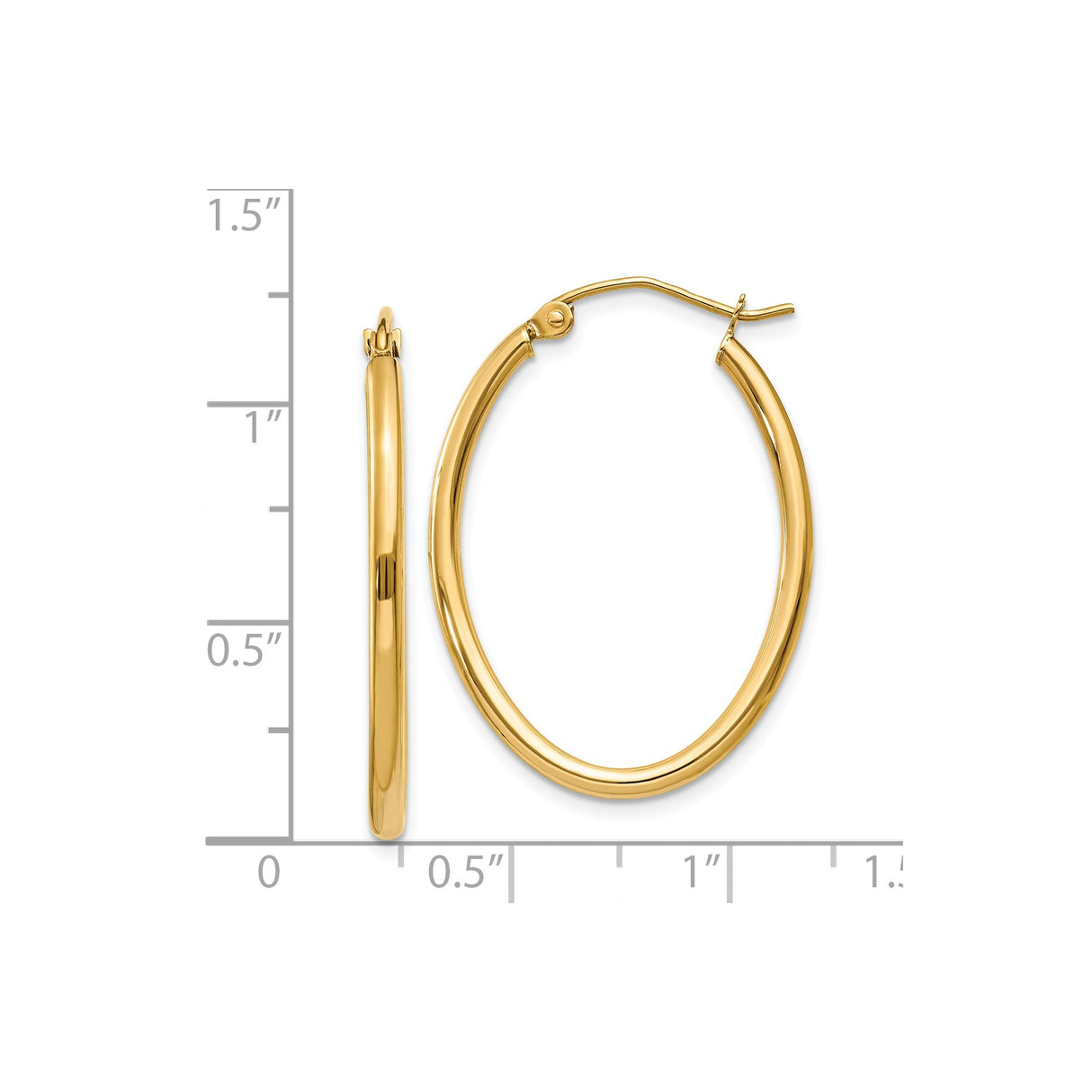 14k Yellow Gold Hoop Earrings, Medium Oval Polished Hoops with Latch Back for Women