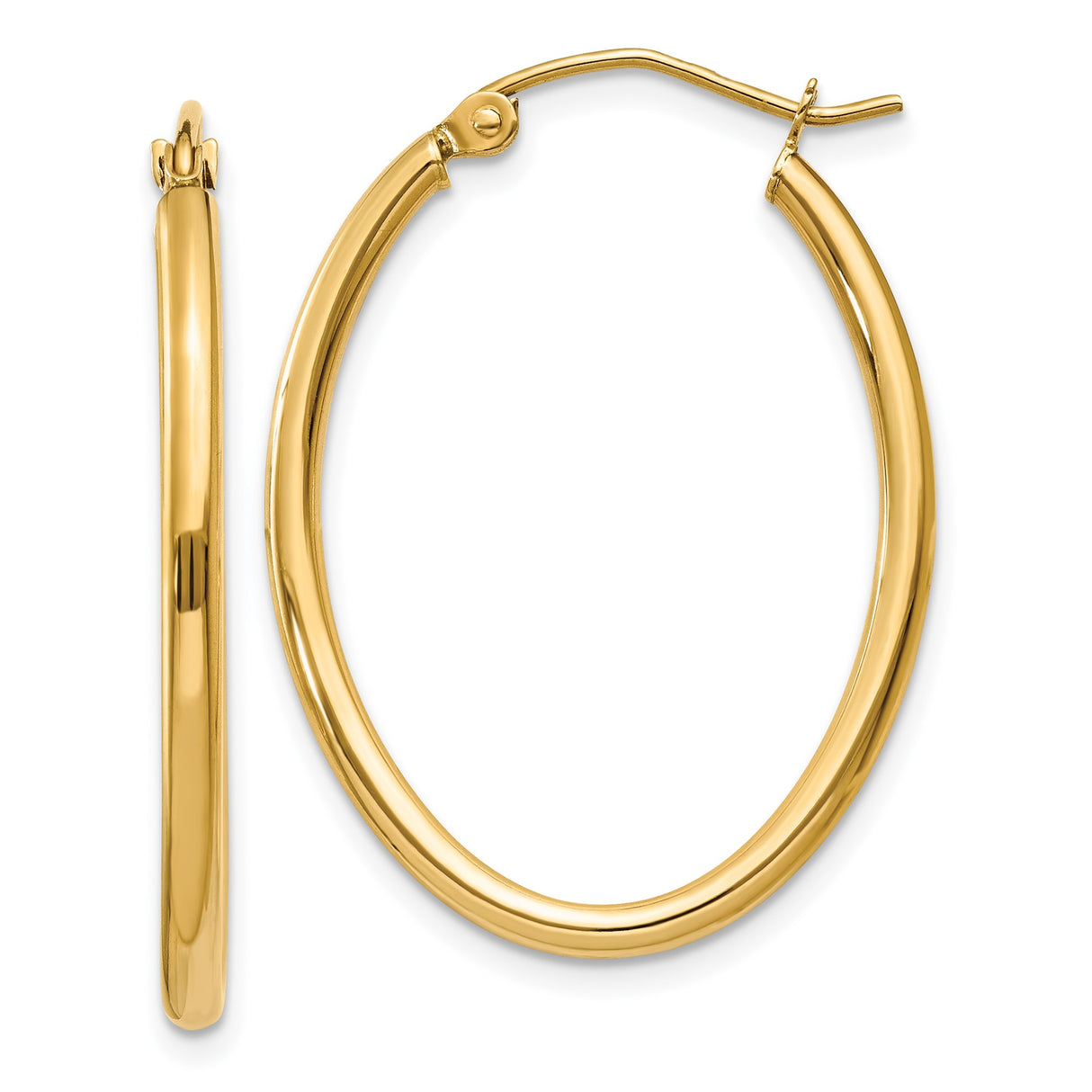 14k Yellow Gold Hoop Earrings, Medium Oval Polished Hoops with Latch Back for Women