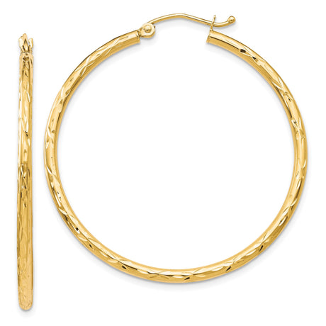 10k Yellow Gold Hoop Earrings, Diamond Cut with Textured High Polish Finish, Lightweight Classic Style