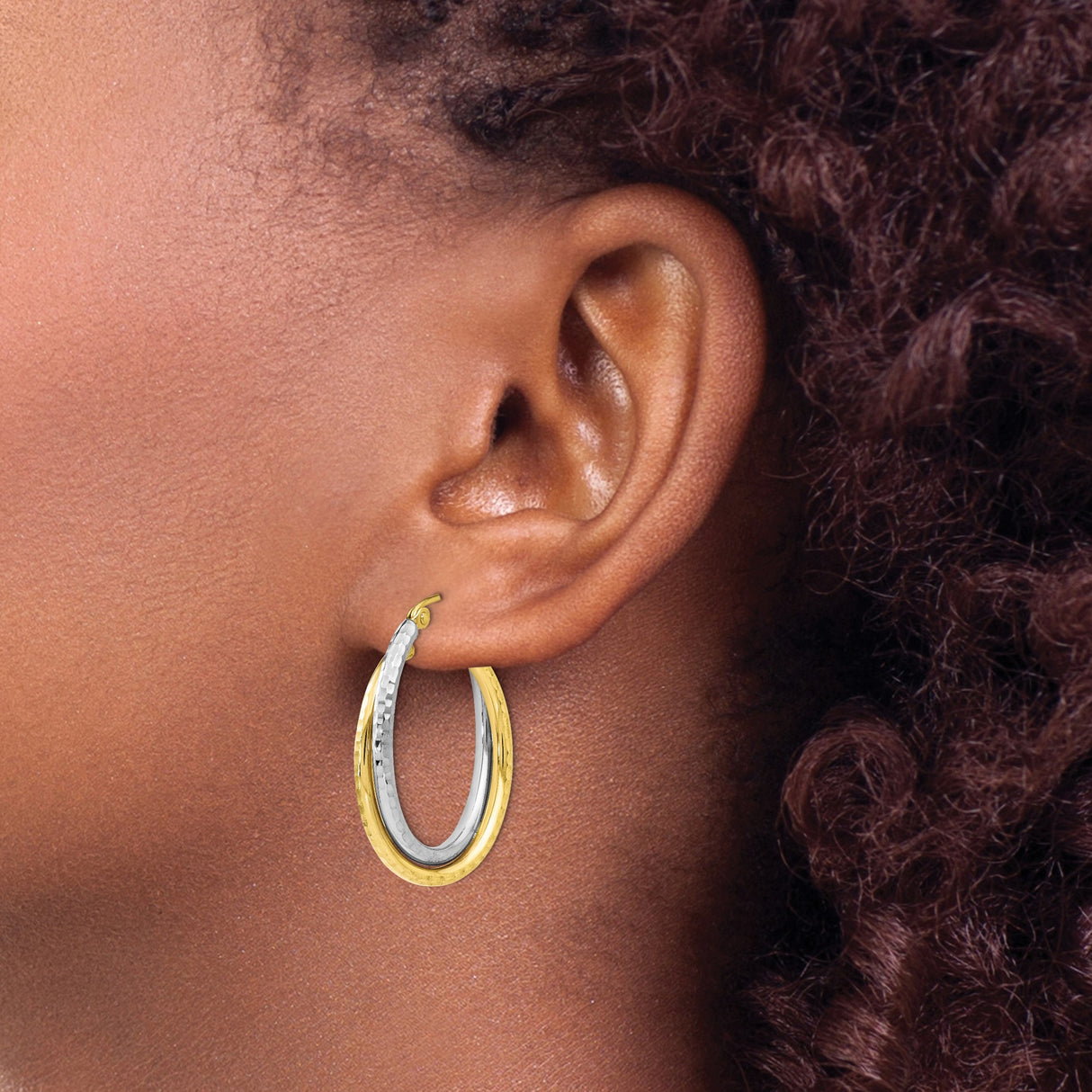 10k Yellow Gold Hoop Earrings, Two-Tone Hammered and Polished Textured Finish