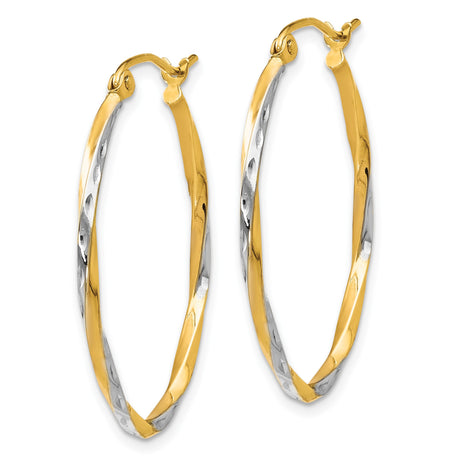 10k Yellow Gold Twisted Oval Hoop Earrings, Two Tone Diamond Cut Design for Women