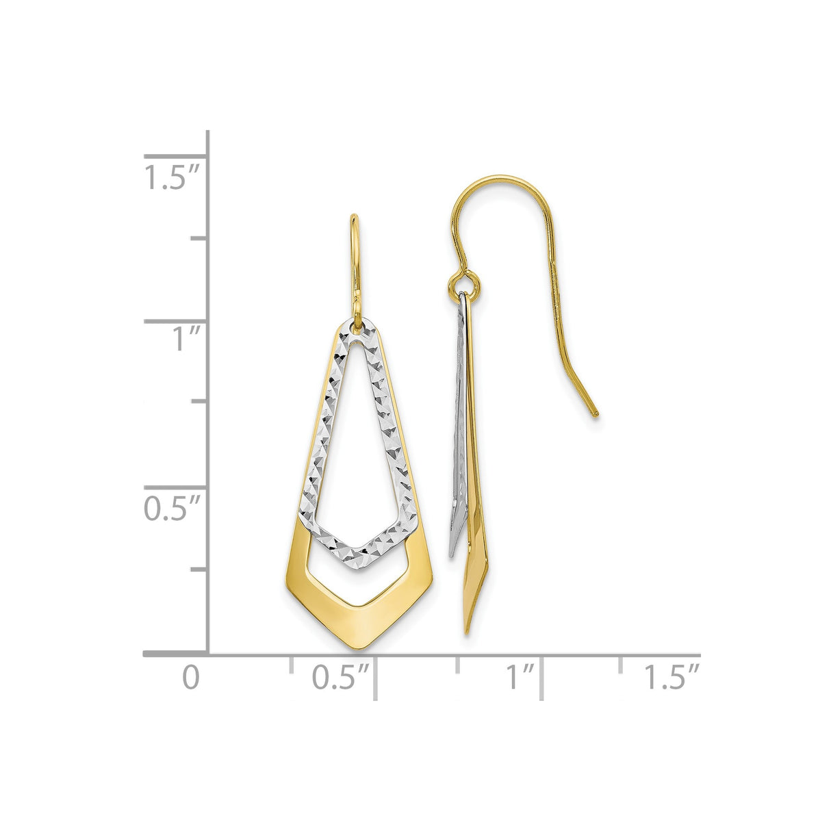 10k Two Tone Gold Dangle Earrings with Textured White Gold Accents, Geometric Drop Design