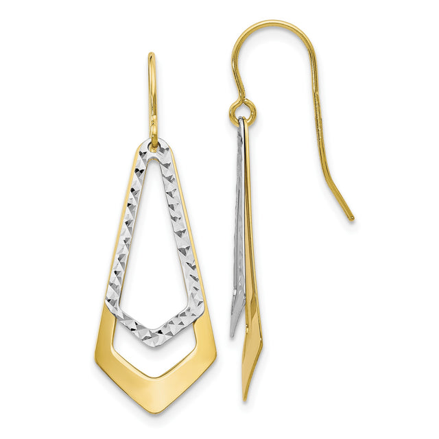 10k Two Tone Gold Dangle Earrings with Textured White Gold Accents, Geometric Drop Design
