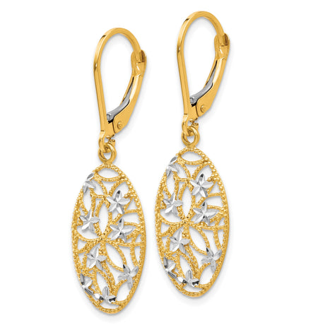 10k Yellow Gold Drop Earrings with Rhodium Accents, Floral Filigree Leverback Design