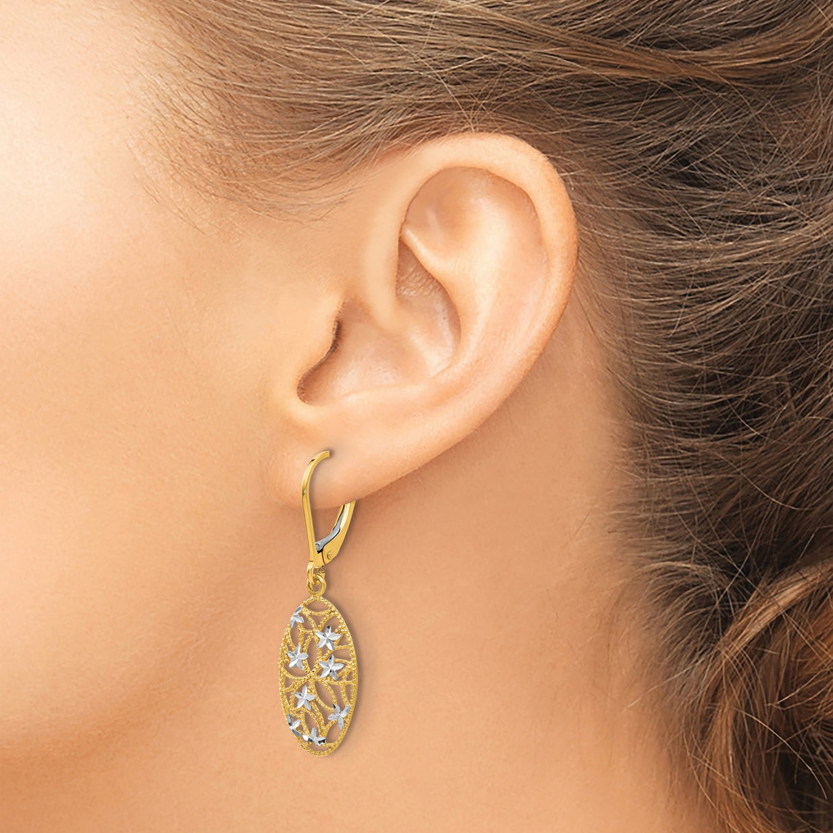 10k Yellow Gold Drop Earrings with Rhodium Accents, Floral Filigree Leverback Design