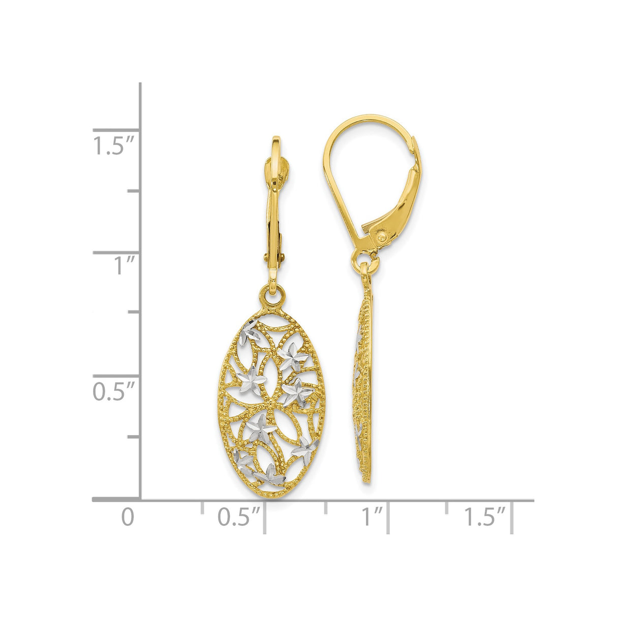 10k Yellow Gold Drop Earrings with Rhodium Accents, Floral Filigree Leverback Design