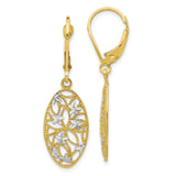 10k Yellow Gold Drop Earrings with Rhodium Accents, Floral Filigree Leverback Design