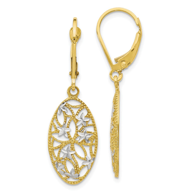 10k Yellow Gold Drop Earrings with Rhodium Accents, Floral Filigree Leverback Design