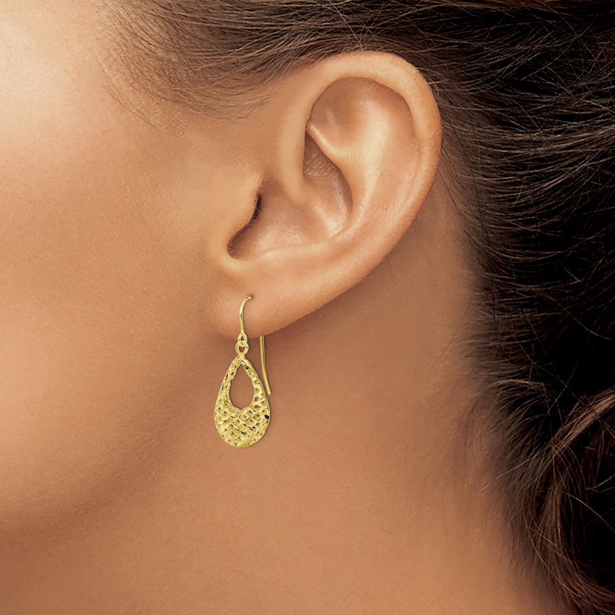10k Yellow Gold Teardrop Dangle Earrings with Textured Diamond Cut Filigree Design