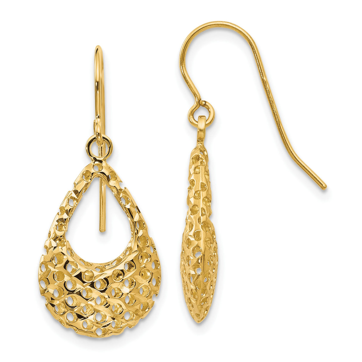 10k Yellow Gold Teardrop Dangle Earrings with Textured Diamond Cut Filigree Design