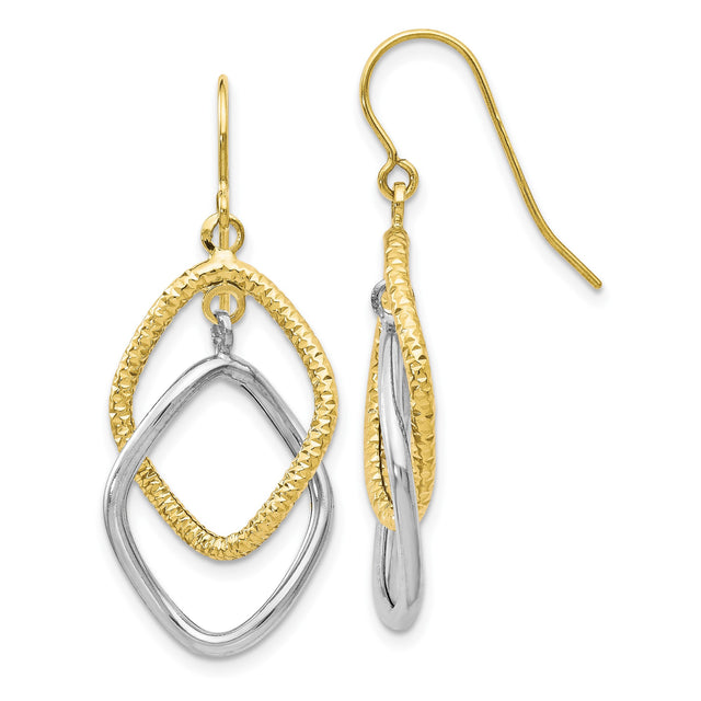 10k Yellow Gold Drop Earrings with Two-Tone Interlocking Diamond-Shaped Loops