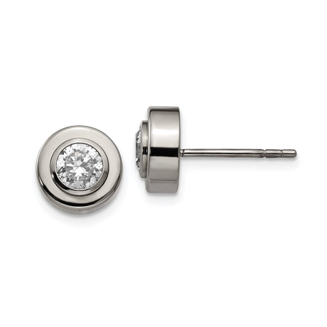 Titanium Stud Earrings with Bezel Set Round Clear Gemstones, Hypoallergenic Lightweight Design, Sleek Modern Minimalist Unisex Style, Durable Polished Finish for Everyday Neutral Fashion Wear