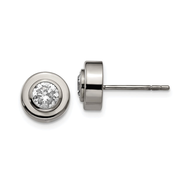 Titanium Stud Earrings with Bezel Set Round Clear Gemstones, Hypoallergenic Lightweight Design, Sleek Modern Minimalist Unisex Style, Durable Polished Finish for Everyday Neutral Fashion Wear