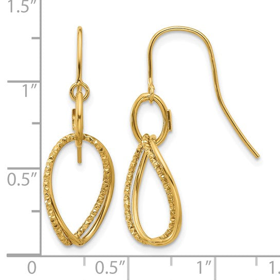 10k Yellow Gold Twisted Teardrop Loop Earrings with Textured and Polished Finish