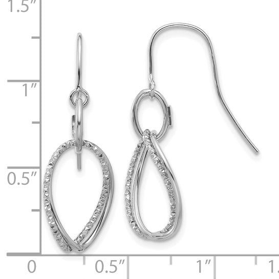 10k White Gold Dangle Earrings with Twisted Teardrop Shape and Textured Polished Finish